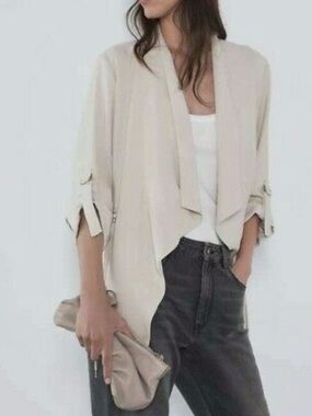 Zara Beige Drape Collar Asymmetric Blazer w/ Buckle Sleeves Sz 2-6